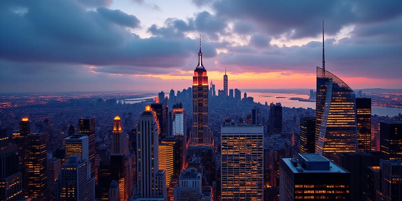 Panoramic view of the New York City skyline at dusk