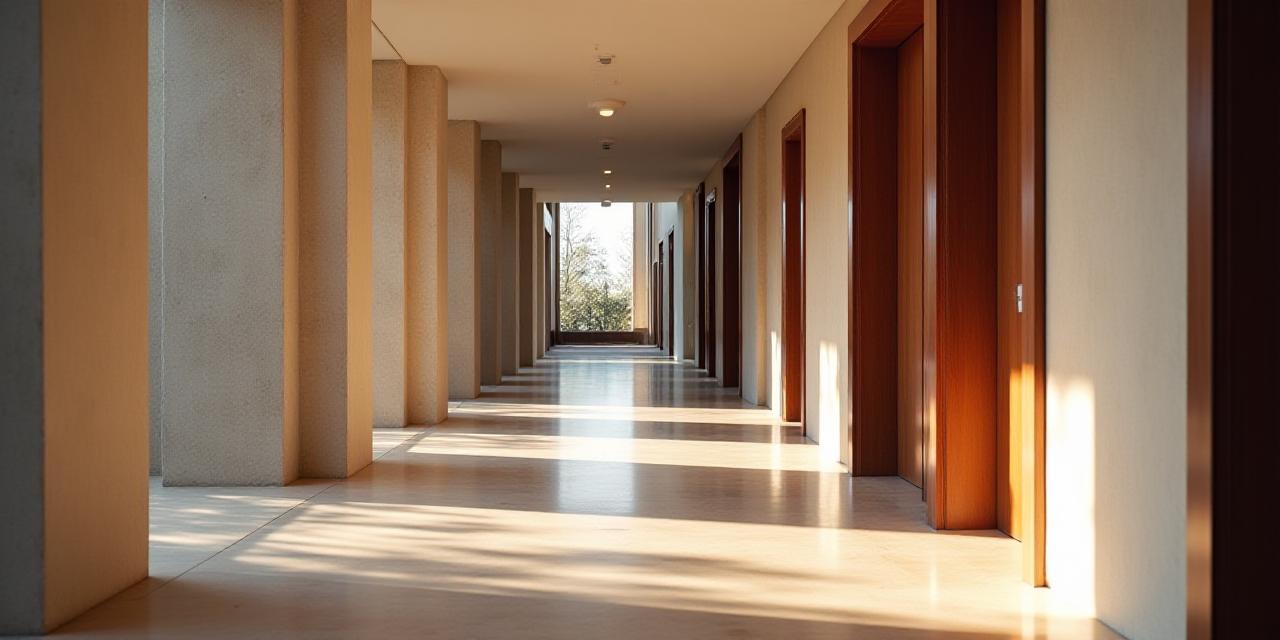 Soft morning sunlight hitting architectural details of the hotel
