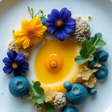 Detail of a gourmet dish with edible flowers